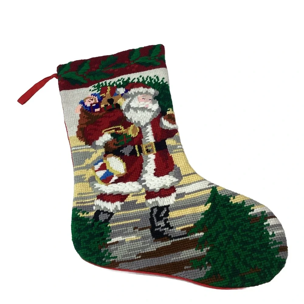 Needlepoint Embroidered Christmas Stocking SANTA BAG 15